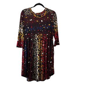 Yahada Animal Print Multicolor Cheetah 3/4 Sleeve Midi Dress Pockets Womens Sz M